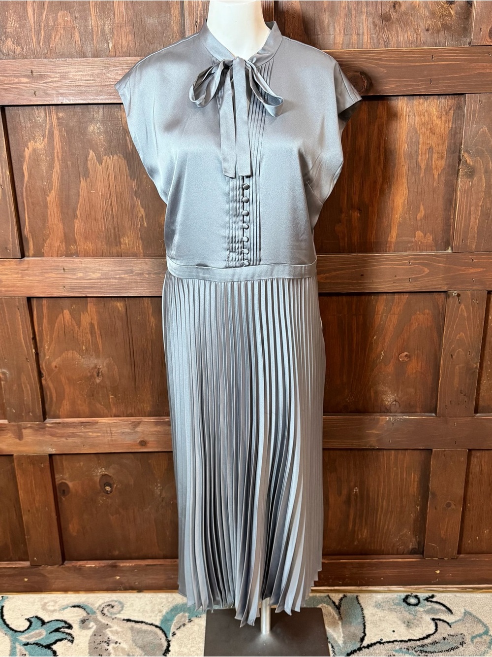 Banana Republic Silver-Gray Pleated Midi Dress with Bow Neck